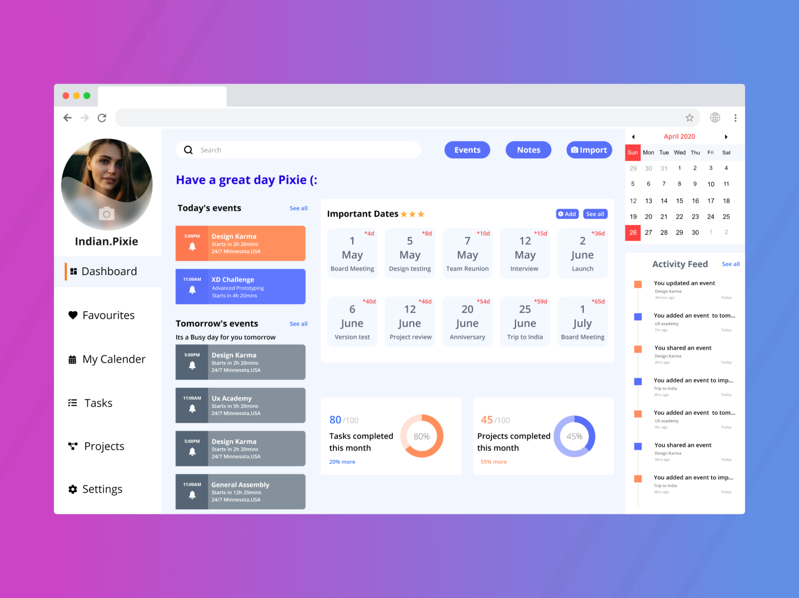 Calendar/Events/Organizer/Dashboard by Sruthi N on Dribbble