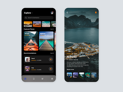 Travel App UI darkmode design exploration flatdesign light mode mobile ui travel app uiuxdesign uiuxdesigner user experience userinterface xd