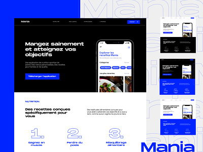 Mania - Template Landing page Fitness alimentation app application blue cms dark design download figma fitness logo nutrition sport template white