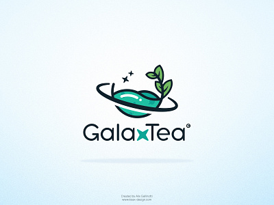 Galaxtea logo for a tea brand flat green leaf logo planet space tea