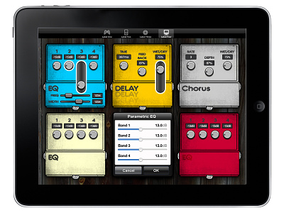 iPad pedal app design app audio buttons chorus colorful delay design eq ipad music parametric pedal pedals proaudio stompbox tablet ui vintage