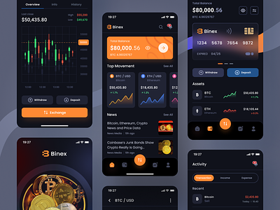 Binex Cryptocurrency Mobile App UI black crypto dark design digital dribbble forex mobile app money orange saha trading ui uidesign