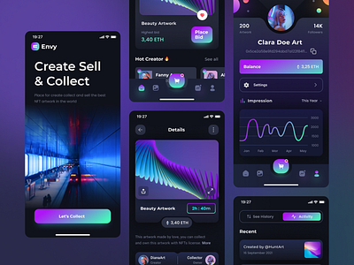 Envy Marketplace NFT Mobile black buy dark design dribbble eth green mobile app nft purple sell ui uidesign