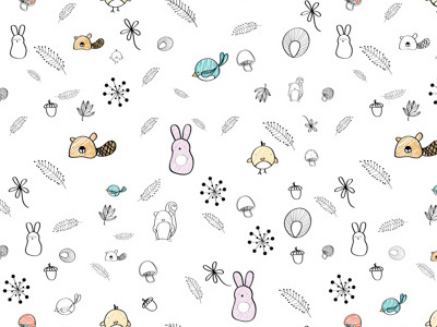 Forest beaver bird chiken feather flowers forest illustration leaves pattern rabbit sketch wallpaper