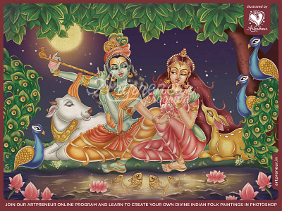 Radha Krishna in Indian Folk Art Chitrasutra adobe photoshop artpreneur artpreneur program atma studios chitrasutra digital art digitalpainting folk art hindu gods indian art indian artist invitation design janmashtami krishna krishnajanmashtami love quirky invitations radhakrishna radhe shyam wedding invitation