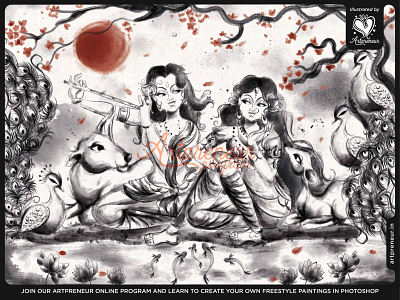 Radha Krishna in Japanese Sumi-e Painting art artpreneur fish gods hindu illustration indian ink krishna landscape love painting quirky invitations radha romantic suibokuga sumi sumi e trees zen