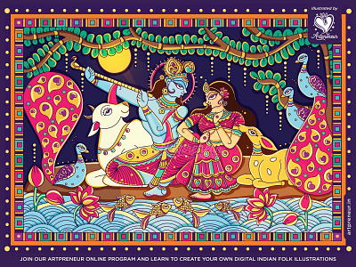 Radha Krishna in Phad Painting, an Indian Folk Art adobe illustrator art artpreneur program atmastudios digital art folk art hindu gods indian invitation design janmashtami krishna love painting phad quirky invitations radha krishna radhe shyam rajasthan wedding invitation