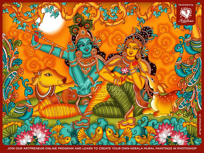 Radha Krishna in Kerala Mural Painting, an Indian Folk Art art artpreneur program atmastudios digital art folk art hindu gods illustration indian invitation design janmashtami kerala krishna love mural painting photoshop quirky invitations radha krishna radhe shyam wedding invitation