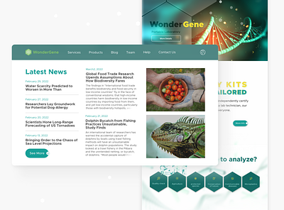 Wondergene: News Section app design flat genetic green homepage laboratory minimal news ui ux vector website