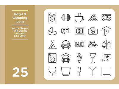Hotel and Camping Icons Set airplane beach camping car food holiday hotel icon illustration map restaurant set sign summer sun symbol tourism travel vacation vector