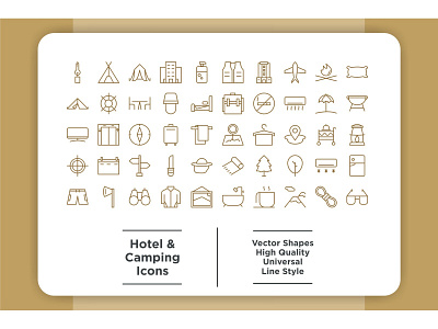 Hotel and Camping Icons Set airplane beach camping car food holiday hotel icon illustration map restaurant set sign summer sun symbol tourism travel vacation vector