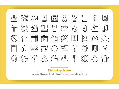 Birthday Icons Set 2 balloon birthday cake celebration champagne drink entertainment event fun gift happy hat icon illustration invitation music party set surprise vector