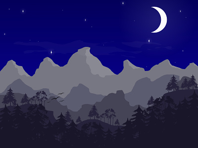 Moutains under the moonlight amateur beginner design flat design forest illustration illustrator moon moonlight mountain nature night stars trees vector