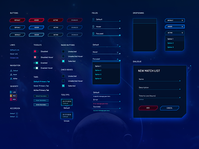 JASK UI Patterns button checkbox dark dark app design system dropdown form fui hud modal product design sci fi scifi space styleguide tabs toggle tooltip ui components user interface