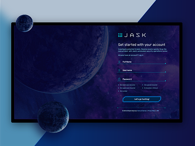 JASK New Account Sign-Up form form design fui planets product design science fiction scifi signup signup page space