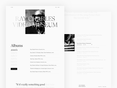 Screens - Ray Charles Video Museum album blog clean design digital landing minimal museum music overview quotes scroll typography ui ux video
