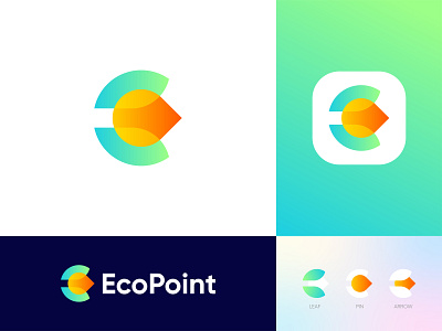 E+Leaf+Pin Logo Design abstract art abstract logo agency app icon arrow brand identity business logo creative e letter design eco environment gradient logo leaf letter logo logo logo design mark modern logo pin icon symbol