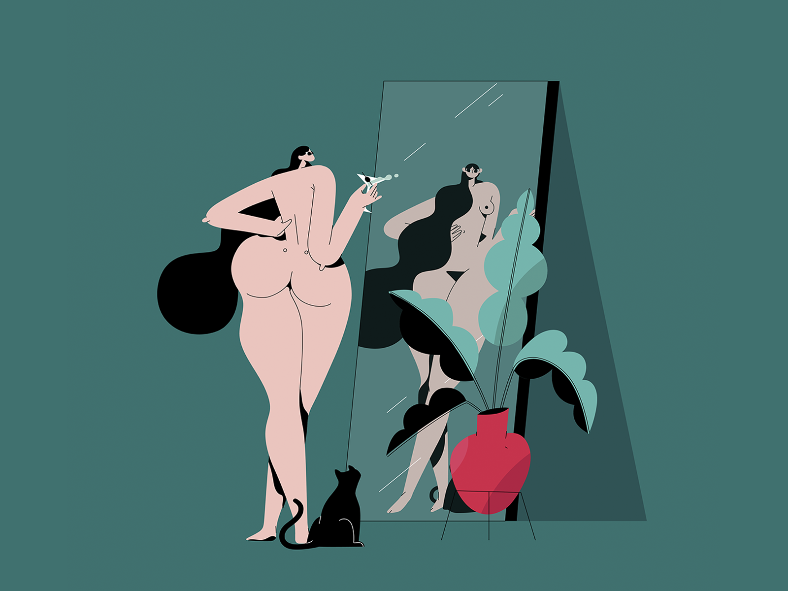 naked lady 04 cat character coctail concept girl home illustration mirror naked woman