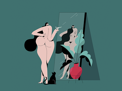 naked lady 04 cat character coctail concept girl home illustration mirror naked woman