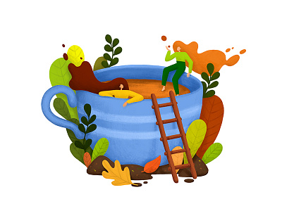 Autumn cup of tea autumn cup fantasy art girls illustration plants tea