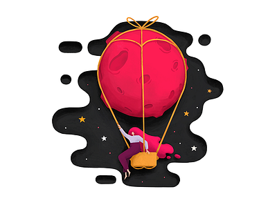 Journey on the pink moon balloon design fantasy art fly girl illustration journey moon pink sky star travel trip