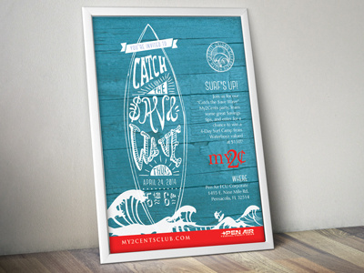 Surf and Save Poster for Teens credit union lettering surf board teal waves wood