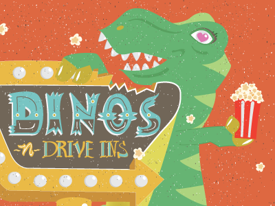Dinos -n- Drive Ins car dinosaur drive in green illustration mustard popcorn retro t rex trex