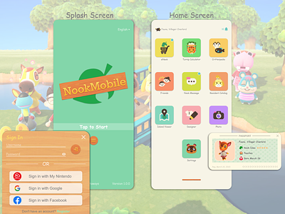 NookMobile Concept: Splash and Home Screens + Overlays animal crossing gaming mobile app ux design