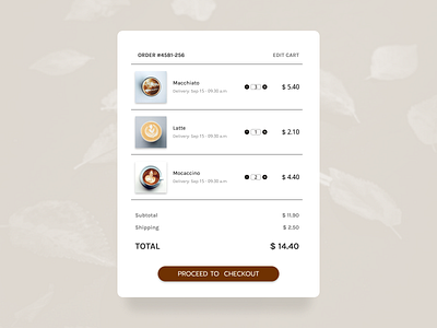 Shopping Cart: DailyUI_058 cart checkout checkout page coffee coffee app coffee store daily daily 100 challenge daily ui dailyui dailyuichallenge interface mobile shopping shopping app shopping cart ui design uidesign uxui uxui design