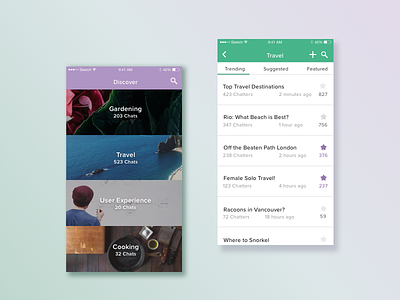 Chit Chat App chat clean discover gradient ios list simple social travel ui ux