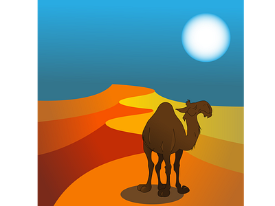 The Desert Panorama with a Camel and The Sun