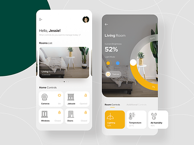 Smart Home App clean ui green home interior light minimalism mobile app rooms smart technology ui ux vector yellow