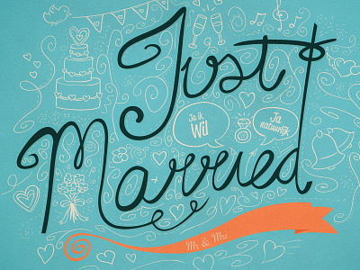 Just Married postcard doodle just married lettering postcard retro typography wedding