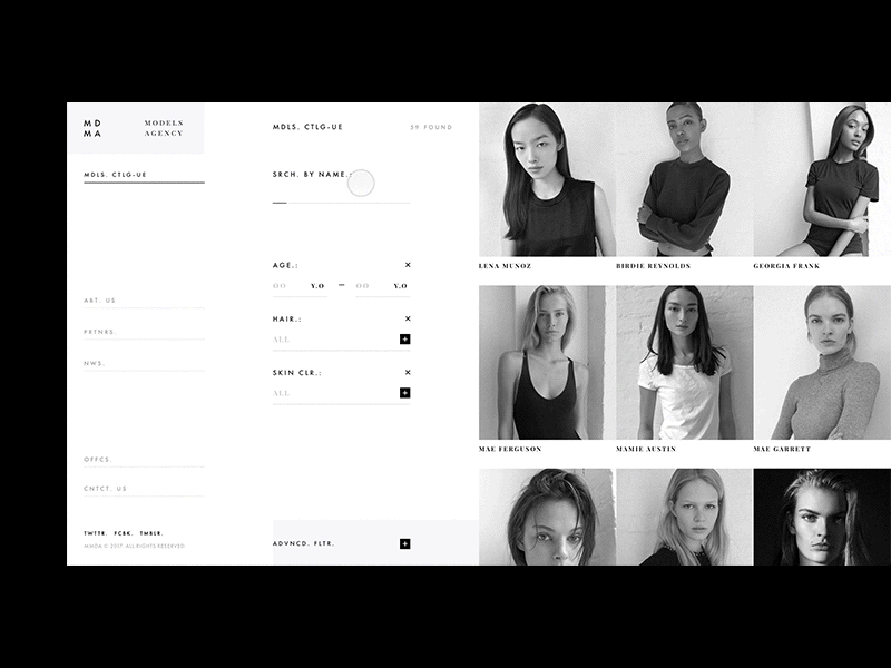 MMDA Search models animation concept design fashion filter grid hover search sidebar ui ux website zipl