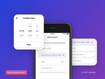 Flight adding. Letundra App add android app application date flight input ios mobile picker ui ux