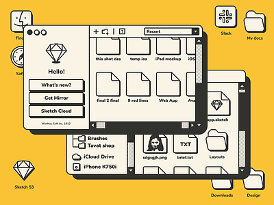 WinMac OS 1.0 | Sketch App & Finder 1 bit ancient app apple application browse emulator files folder icons macintosh macos old style old ui operatig system os pc slack windows windows 95