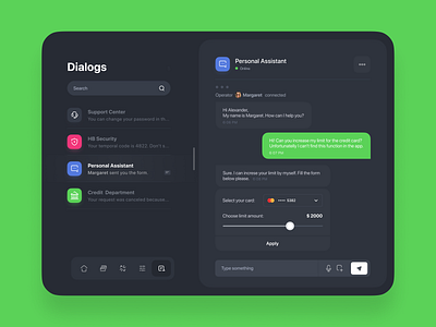 Tablet Banking App | Bank Chat app application bank banking banking app chat conversation credit card credit department credit limit data dialogue finance finance app fintech ios ipad support ui ux