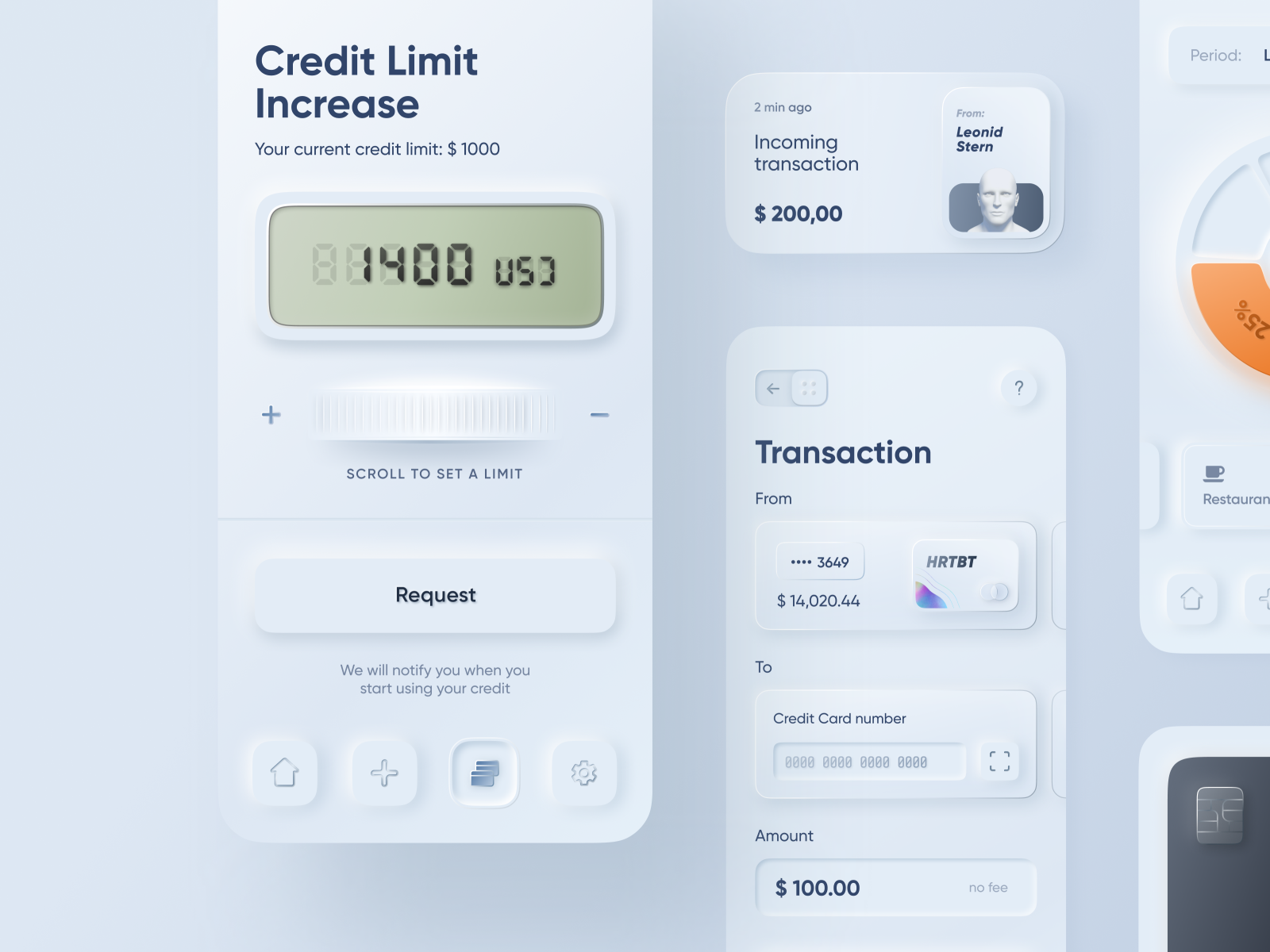 Skeuomorph Mobile Banking | Continuation lending dashboard credit card number money sending transaction credit request credit increase finance analytics spendings credit limit balance card mobile banking skeuomorph app application finance app saas fintech banking credit card