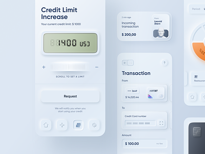Skeuomorph Mobile Banking | Continuation application balance banking card credit card credit card number credit increase credit limit credit request dashboard finance analytics finance app fintech lending mobile banking money sending saas skeuomorph app spendings transaction
