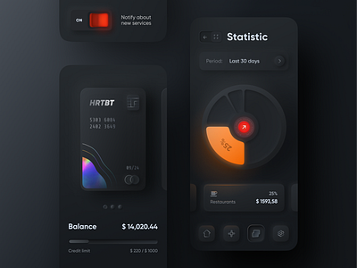 Skeuomorph Mobile Banking | Dark Mode 🌘 application balance banking credit card credit limit dark mode dashboard finance analytics finance app fintech glow lend lending mobile banking money night mode pie chart saas skeuomorph app spendings