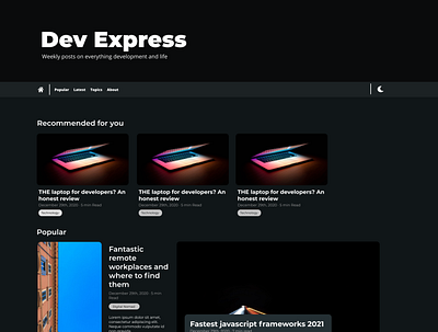 Dev Express - Developer Blog (Dark mode, Upper half) blog blogging css design ui web