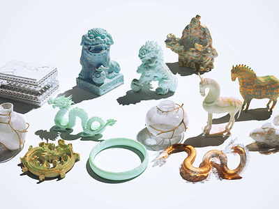 China treasures 3d 3dart art object artifacts cg china design glass illustrator jemstone lion render stone