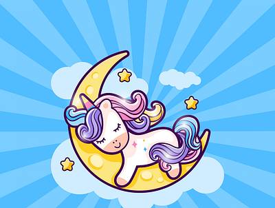 Little cute unicorn sleep animation baby blue branding cartoon character cute design illustration logo mascot moon sleepy soft star unicorn white