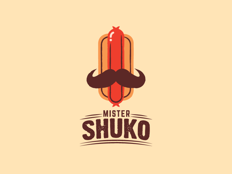 Mister Shuko mark mustache grill guatemala cart sausage hot dog food brand logo