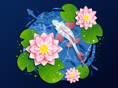 Lilies bloom carp fish fishing flower forest illustration inspiration inspire japan koi lake lily lotus pond proart prokopenko river trend water