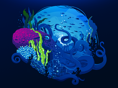 Octopus 🐙 2020 artwork bed bottom circle deep depth devilfish illustration landscape nature ocean octopus proart profound prokopenko sea undersea underwater underworld