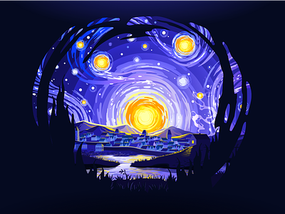 Starry Night art circle illustration impressionism inspire inspiring landscape nature negative nice night night city popular proart prokopenko sky stars swirl van gogh village