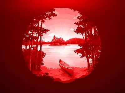 Lake Shore boat canada coast horizon illustration isle lake landscape nature negative paddle proart prokopenko red reserve reserved tree trend water wood