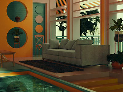 retro futurism aesthetic interior 3d 3d art 3d artist blender blender3d color furniture interior interior architecture interiordesign plant pool retro