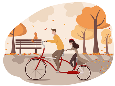 Bicycling through the park in the autumn adobe illustrator art autumn bicycle bicycling bike boy cat cycle cycling digital painting fall girl human illustration illustrator orange person yellow